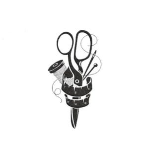 May include: Black and white illustration of sewing tools. A pair of scissors, needles, a spool of thread, and a measuring tape are arranged in a vertical design. The measuring tape forms the base, with the other tools rising from it.