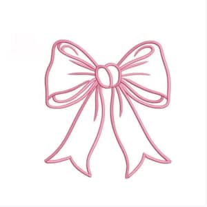 Peut inclure: Un motif de nœud rose avec un contour détaillé. Le nœud présente deux boucles et deux longues queues fluides. Le motif est posé sur un fond blanc épuré, créant une esthétique simple et élégante.