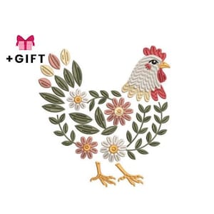 May include: An embroidered hen design, featuring flowers and leaves in pink, white, and green. The hen has a red comb and yellow beak and feet. The text "+GIFT" is above a pink gift box.
