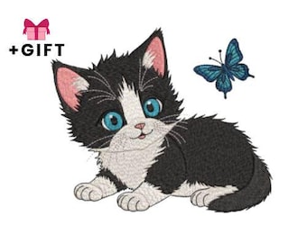 Desenho de bordado de gatinho, gato fofo com borboleta, desenho de bordado à máquina, gatinho fofo, pequeno, bebê, animal de estimação, animal, kit preto e branco, gatinho