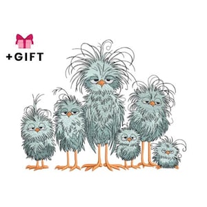 Puede incluir: Ilustración caprichosa de seis pájaros de aspecto gruñón con plumaje azul grisáceo y patas y picos naranjas. Los pájaros tienen plumas puntiagudas y despeinadas y una expresión ligeramente molesta. Una caja de regalo rosa con un lazo y el texto "+REGALO" está en la esquina superior izquierda.