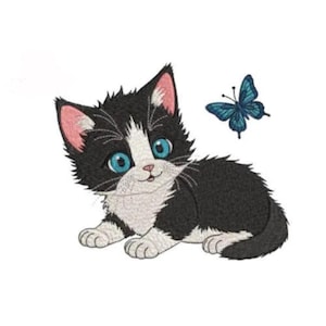 Motif de broderie chaton, chat mignon avec motif de broderie Machine papillon, doux minou, petit, bébé, animal de compagnie, animal, kit noir et blanc, chatte