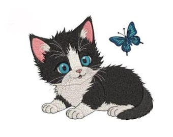 Kitten Embroidery Design, Cute Cat with Butterfly Machine Embroidery Design, Sweet Kitty, Little, Baby, Pet,Animal,Black And White Kit,Pussy