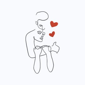 Può includere: Illustrazione minimalista a tratto nero su sfondo bianco, raffigurante due figure che si abbracciano con due cuori rossi. L'opera evoca intimità e affetto. Lo stile è semplice ma espressivo, adatto a creazioni romantiche.