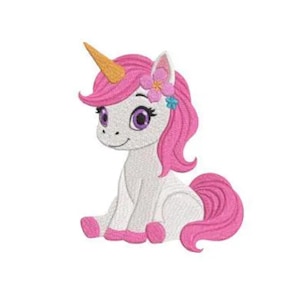 May include: An embroidered unicorn with a golden horn, pink mane, tail, and hooves, and purple eyes. The unicorn is sitting down and has a flower in its hair. The design is on a white background.
