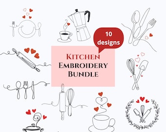 Kitchen Embroidery Design Bundle, 10 Linear Cooking With Hearts Machine Embroidery Files Set, Instant Download