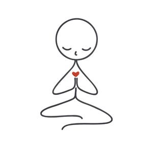 May include: A minimalist line drawing of a person in a seated yoga pose, with hands together in prayer. The figure has a red heart in the chest area, and closed eyes, all on a white background.