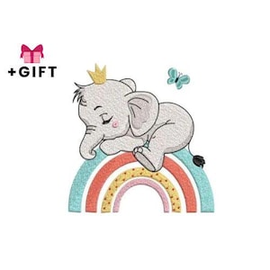Cartoon Embroidery Design, Elephant With Rainbow Machine Embroidery Design, Cute Sleeping Baby Animal, Kids, Children, Crown, Butterfly,Gray