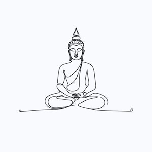 Pode incluir: Um desenho minimalista de um Buda sentado em pose meditativa. O contorno preto retrata a expressão serena da figura, a túnica drapeada e a posição de lótus sobre um fundo branco. A obra de arte evoca uma sensação de paz e tranquilidade.