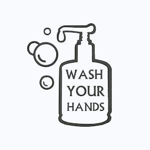 Puede incluir: Dibujo lineal en blanco y negro de un dispensador de jabón con las palabras "WASH YOUR HANDS". Burbujas flotan alrededor del dispensador, sugiriendo la acción de lavarse las manos. El diseño es simple y limpio.