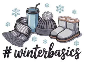 May include: An illustration of winter essentials including a scarf, a travel mug, a beanie hat, and winter boots. The phrase "#winterbasics" is written in cursive below the items. Blue snowflakes are scattered around the items.