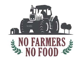Peut inclure: Graphique en noir et blanc représentant un tracteur, un petit bâtiment et deux arbres. Le texte "NO FARMERS NO FOOD" en marron est orné de feuilles vertes, soulignant l'importance de l'agriculture.