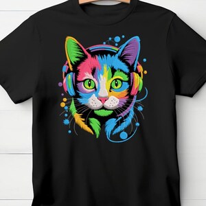 A black t-shirt with a colorful, vibrant graphic of a cat's face wearing headphones, surrounded by various colorful elements.
