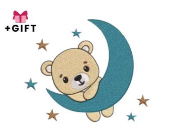 Cartoon Embroidery Design, Baby Bear With Moon And Stars Machine Embroidery File, Instant Download