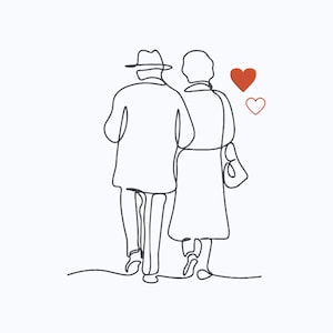 Puede incluir: Ilustración minimalista de un par de ancianos caminando juntos, vista desde atrás. El hombre lleva sombrero y abrigo, la mujer un vestido y un bolso. Dos corazones rojos flotan cerca, simbolizando el amor y el compañerismo.
