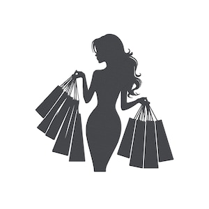 May include: Silhouette of a person holding multiple shopping bags. The figure is in profile, with long flowing hair and a dress. The shopping bags are rectangular and appear to be full.