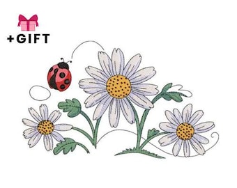 Ladybug Embroidery Design, Ladybug and Daisies Machine Embroidery Design, Ladybugs, Daisy,White Flowers, Blooms,Blossoms,Summer Vibes,Garden
