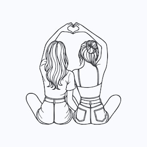 Best Friends Embroidery Design, Black Linear Girls Together Machine Embroidery File, Instant Download