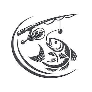 Könnte beinhalten: Schwarz-weiße Illustration eines Fisches mit Angelrute und Rolle. Der Fisch ist stilisiert mit geschwungenen Linien und einem großen Auge dargestellt. Die Angelrute befindet sich über dem Fisch, mit einer Schnur und einer runden Pose.