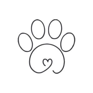 May include: A minimalist black line drawing of a paw print with a heart-shaped swirl at the base. The design features five oval-shaped pads and a heart, all outlined in a continuous, simple stroke, set against a white background.