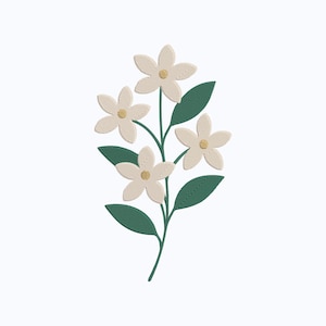Puede incluir: Ilustración botánica de cinco flores de color crema con centros amarillos y hojas verdes. Las flores están dispuestas sobre un tallo verde sobre un fondo blanco. El diseño es simple y elegante, adecuado para diversas aplicaciones.