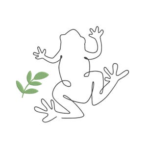 Puede incluir: Un dibujo de línea negra de una rana en posición sentada con los dedos extendidos. A la izquierda de la rana hay una pequeña ramita verde de estilo bordado con cinco hojas distintas que muestran una textura detallada.