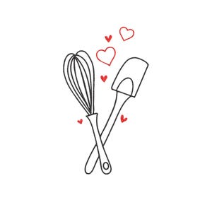 May include: Line art illustration of a whisk and spatula crossed, with red hearts floating above. The whisk and spatula are black, and the hearts are red, set against a white background. A charming design for baking enthusiasts.