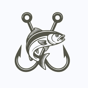 May include: A black and white illustration of a fish jumping between two fishing hooks. The fish is detailed with scales and fins, and the hooks have circular tops. The design is suitable for fishing-themed products.