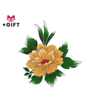 May include: Embroidered floral design featuring a large yellow flower with a red center and green leaves. The design includes the text "+GIFT" and a pink gift box icon.