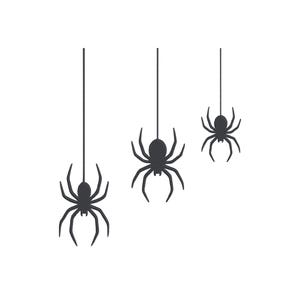 May include: Three black spider decorations hanging from thin black lines against a white background. The spiders have eight legs and a round body, perfect for Halloween or spooky decor.
