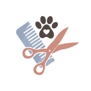 May include: An illustration featuring pet grooming tools. A pair of peach-colored scissors is positioned next to a light blue comb. A brown paw print with a heart in the center is also included in the design.