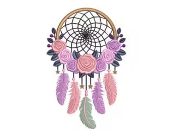 May include: A dreamcatcher embroidery design featuring a circular black web frame adorned with pink and purple roses, dark leaves, and small gold stars. Five dangling feathers in shades of pink, purple, and sage green hang from the bottom.