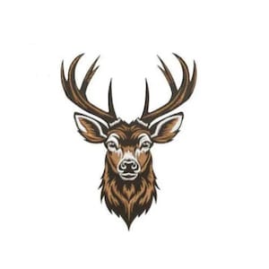 May include: A detailed illustration of a deer's head, featuring large antlers and a detailed face. The artwork uses shades of brown and tan against a white background, creating a classic, rustic aesthetic. The deer's antlers are prominent, showcasing the animal's majestic form.