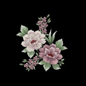 Könnte beinhalten: Florales Design mit zwei großen, detaillierten Blüten in Rosa und Weiß mit roten Zentren. Kleinere rosa Blüten und grüne Blätter ergänzen die Anordnung auf schwarzem Hintergrund. Geeignet für Stoff oder Stickerei.