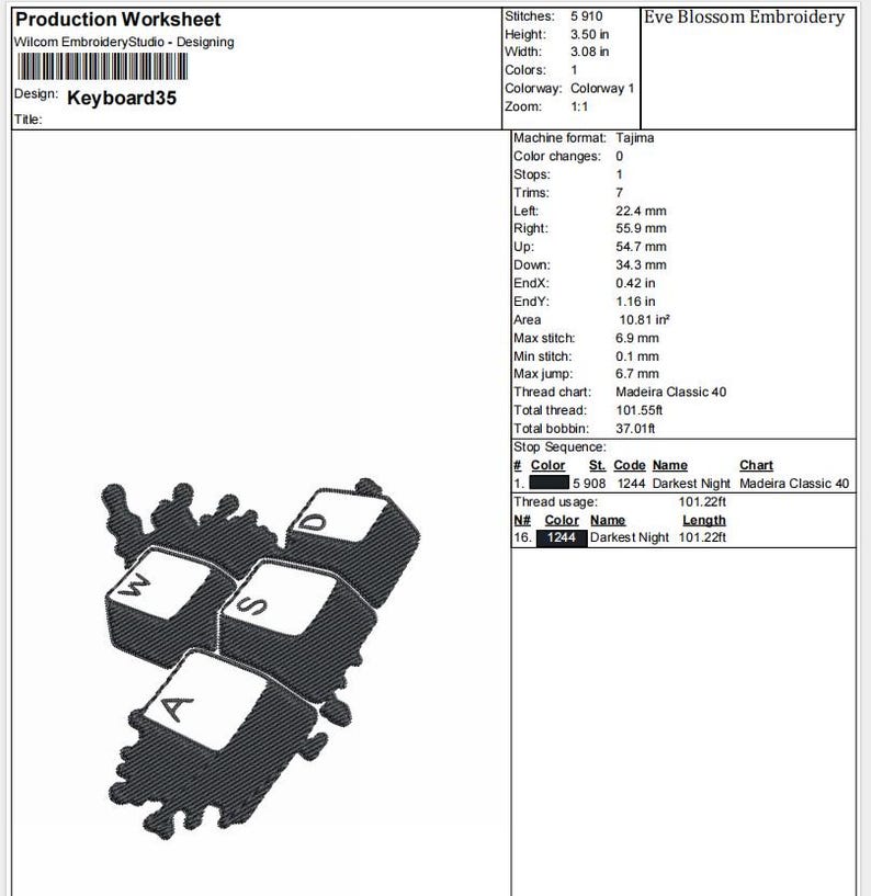Peut inclure: Un motif de broderie intitul&eacute; "Keyboard35" repr&eacute;sentant quatre touches de clavier stylis&eacute;es : A, S, D et W. Les touches sont gris fonc&eacute; avec des lettres blanches, sur un fond abstrait gris fonc&eacute;. Le motif mesure 8,89 cm de haut et 7,82 cm de large.