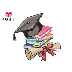 May include: An embroidered design featuring a graduation cap atop a stack of colorful books. A rolled diploma with a red bow is also included. The image has the text "+GIFT" and a pink gift box.