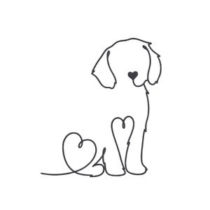 以下が含まれることがあります： ミニマリストの線画イラスト。黒い線で描かれた犬で、ハートの形がデザインに取り入れられています。犬は座っており、鼻はハート型です。
