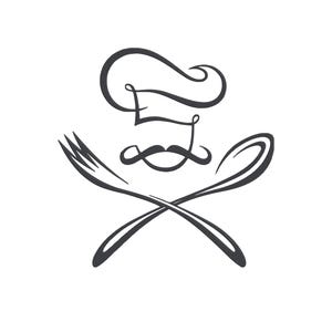 Puede incluir: Ilustración en blanco y negro de un gorro de chef, un bigote, un tenedor y una cuchara dispuestos en un patrón cruzado. El gorro de chef está en la parte superior, con el bigote debajo y el tenedor y la cuchara cruzados en la parte inferior.