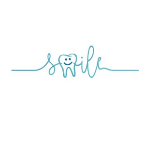 May include: A light blue line drawing of a tooth with a smiling face, forming the letter "i" in the word "smile". The word "smile" is written in a cursive font.