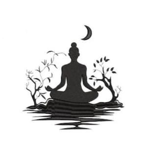 May include: A black silhouette of a person in a seated yoga pose, with hands resting on the knees. The person is on a textured surface, with a crescent moon above. Trees and foliage are on either side.