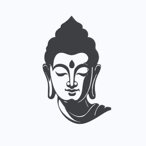 Pode incluir: Ilustração a preto e branco da cabeça de Buda. A imagem apresenta um rosto sereno com os olhos fechados, um pequeno ponto na testa e um penteado detalhado. A obra de arte está sobre um fundo branco liso.