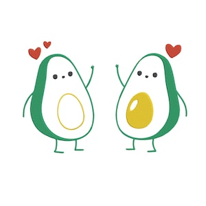 May include: Two embroidered avocado halves with smiling faces and waving arms. One avocado has a yellow center, the other has a yellow outline. Both have green skin and are topped with red hearts, set against a white background.