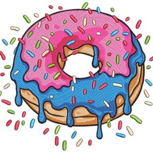 Puede incluir: Un donut bordado con glaseado rosa y azul y chispas de colores. El glaseado gotea por los lados del donut. El diseño está sobre un fondo blanco.