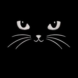 May include: Black background with a white embroidered cat face. The cat's eyes are open with a slight squint, and the whiskers are long and curved. The nose is a small, upside-down triangle.