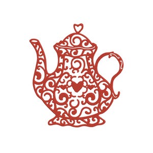 May include: A red decorative teapot with intricate scrollwork and heart-shaped cutouts. The teapot features a heart-shaped finial on the lid and a curved handle. The design is symmetrical and detailed, perfect for tea lovers.