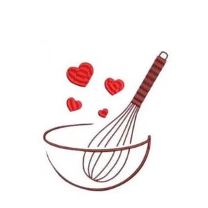 Può includere: Design ricamato con una frusta, una ciotola e cuori rossi su sfondo bianco. La frusta e la ciotola sono marroni e i cuori rossi. Il design suggerisce un tema di cottura o cucina.