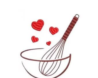 May include: An embroidered design featuring a whisk, bowl, and red hearts on a white background. The whisk and bowl are brown, and the hearts are a vibrant red. The design suggests a baking or cooking theme.