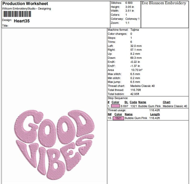 May include: An embroidery design featuring the words "GOOD VIBES" in a heart shape. The design is in bubble gum pink thread on a white background. The design is 3.05 inches high and 3.51 inches wide.