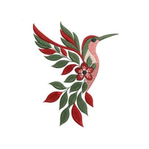 May include: Embroidered design of a hummingbird with red, green, and pink details. The bird is surrounded by leaves and a red flower. The hummingbird is facing right with its wings spread.