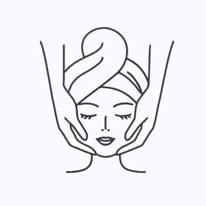 以下が含まれることがあります： タオルを巻いた、目を閉じた顔と、顔に優しく触れる手を描いた線画。 この画像は、リラックスとスキンケアを促進するスパトリートメントまたはフェイシャルマッサージを示唆しています。